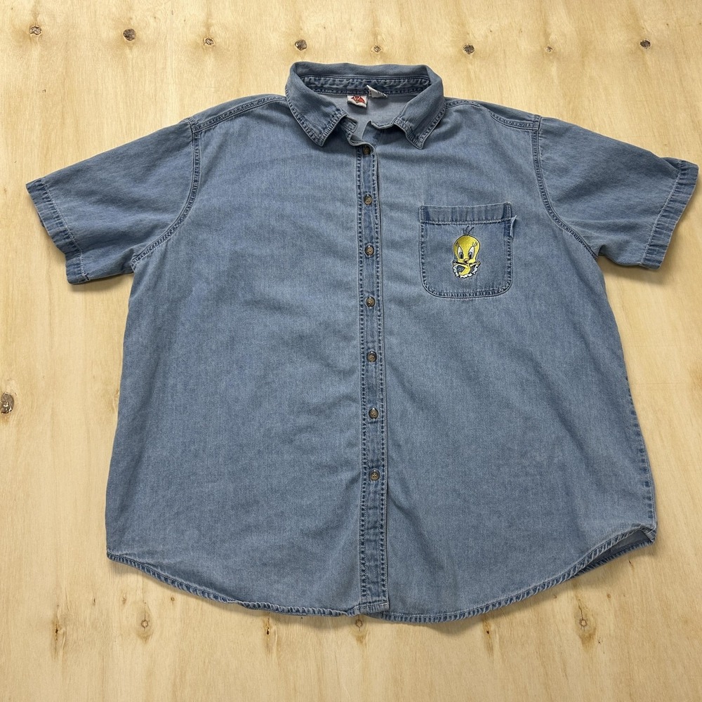 Vintage 90s Looney Tunes Shirt Womens 22W/24W Blue Denim Tweety Button Up